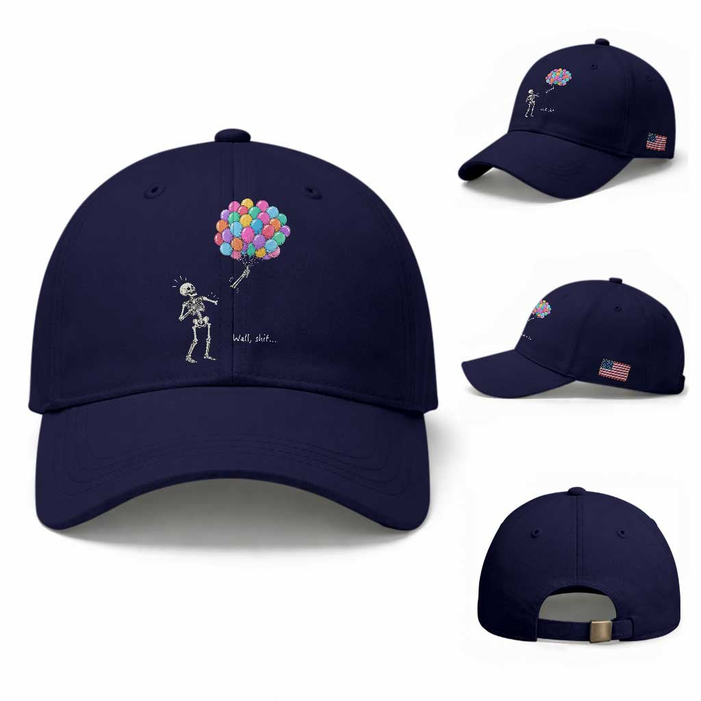 Well Shit Skeleton Detached Arm Baseball Cap Gothic Halloween Flying Balloons Graphic