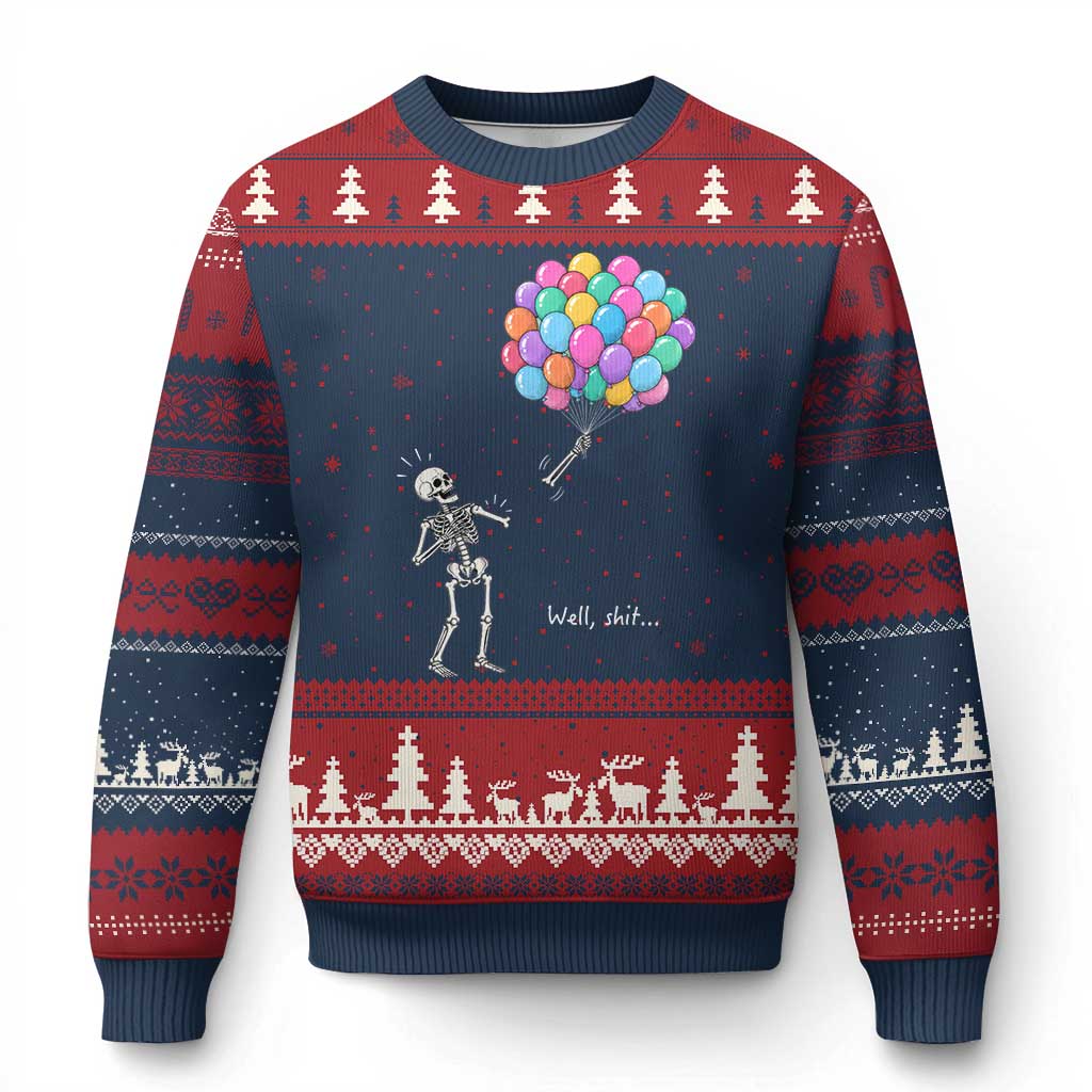 Well Shit Skeleton Detached Arm Ugly Christmas Sweater Gothic Halloween Flying Balloons Graphic