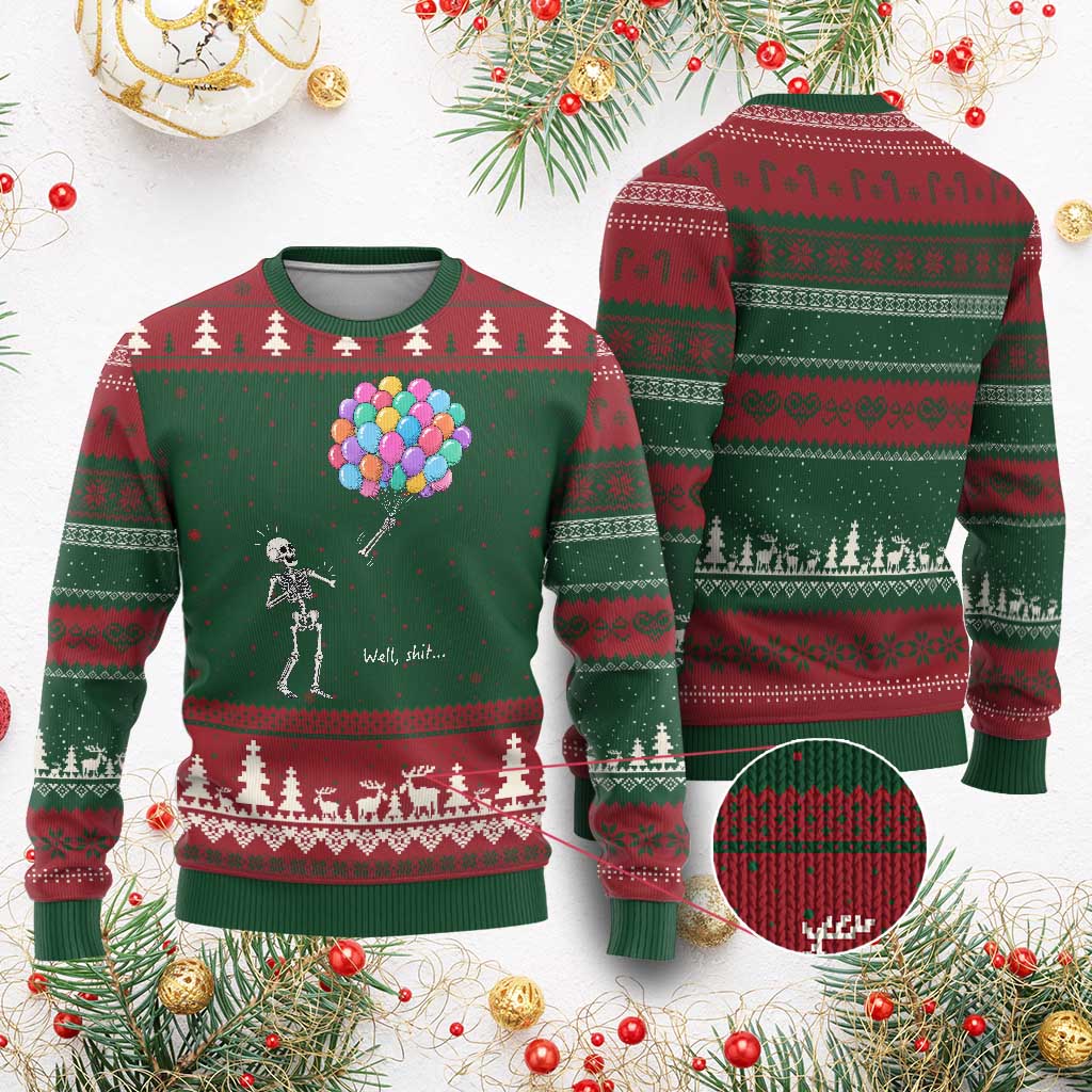 Well Shit Skeleton Detached Arm Ugly Christmas Sweater Gothic Halloween Flying Balloons Graphic