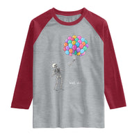 Well Shit Skeleton Detached Arm Raglan Shirt Gothic Halloween Flying Balloons Graphic