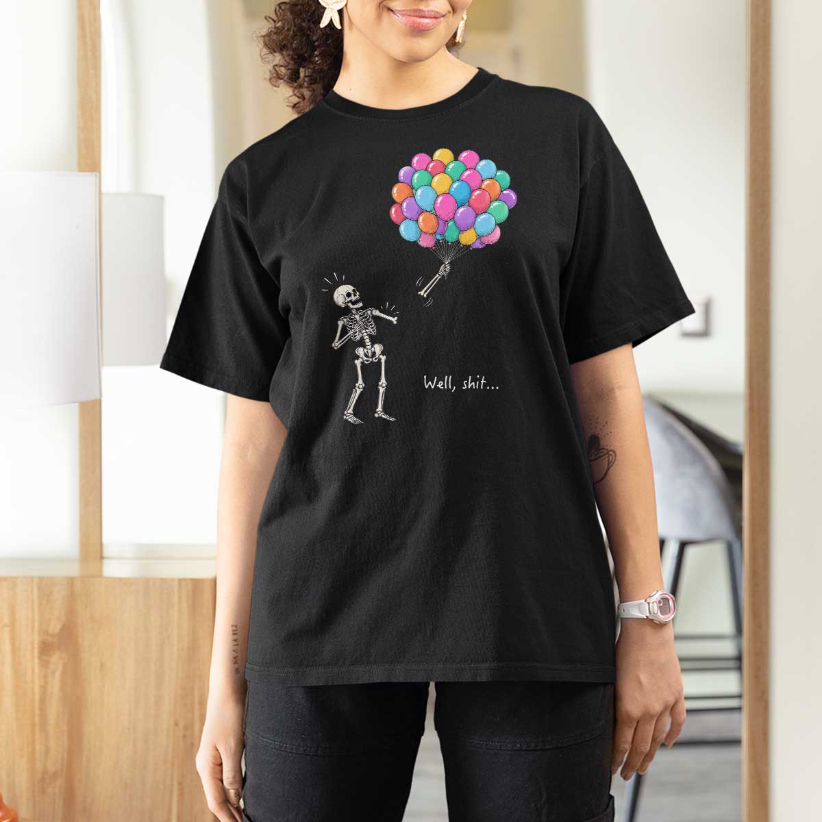 Well Shit Skeleton Detached Arm T Shirt For Women Gothic Halloween Flying Balloons Graphic