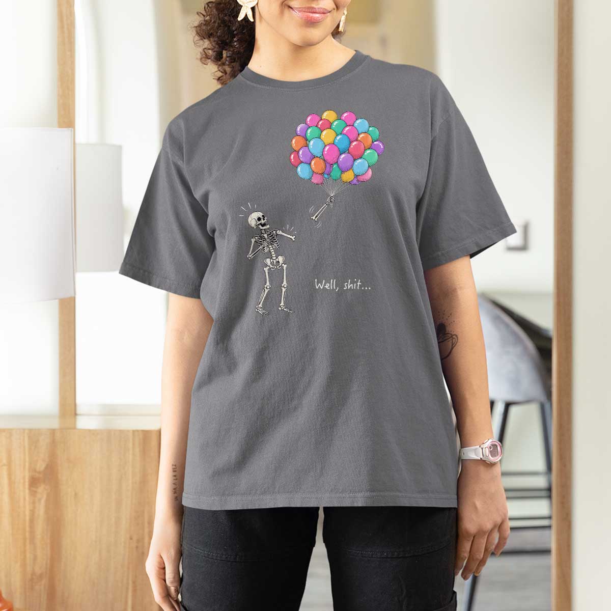 Well Shit Skeleton Detached Arm T Shirt For Women Gothic Halloween Flying Balloons Graphic