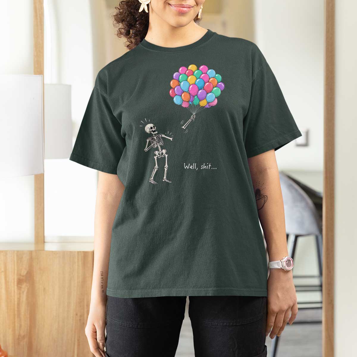 Well Shit Skeleton Detached Arm T Shirt For Women Gothic Halloween Flying Balloons Graphic