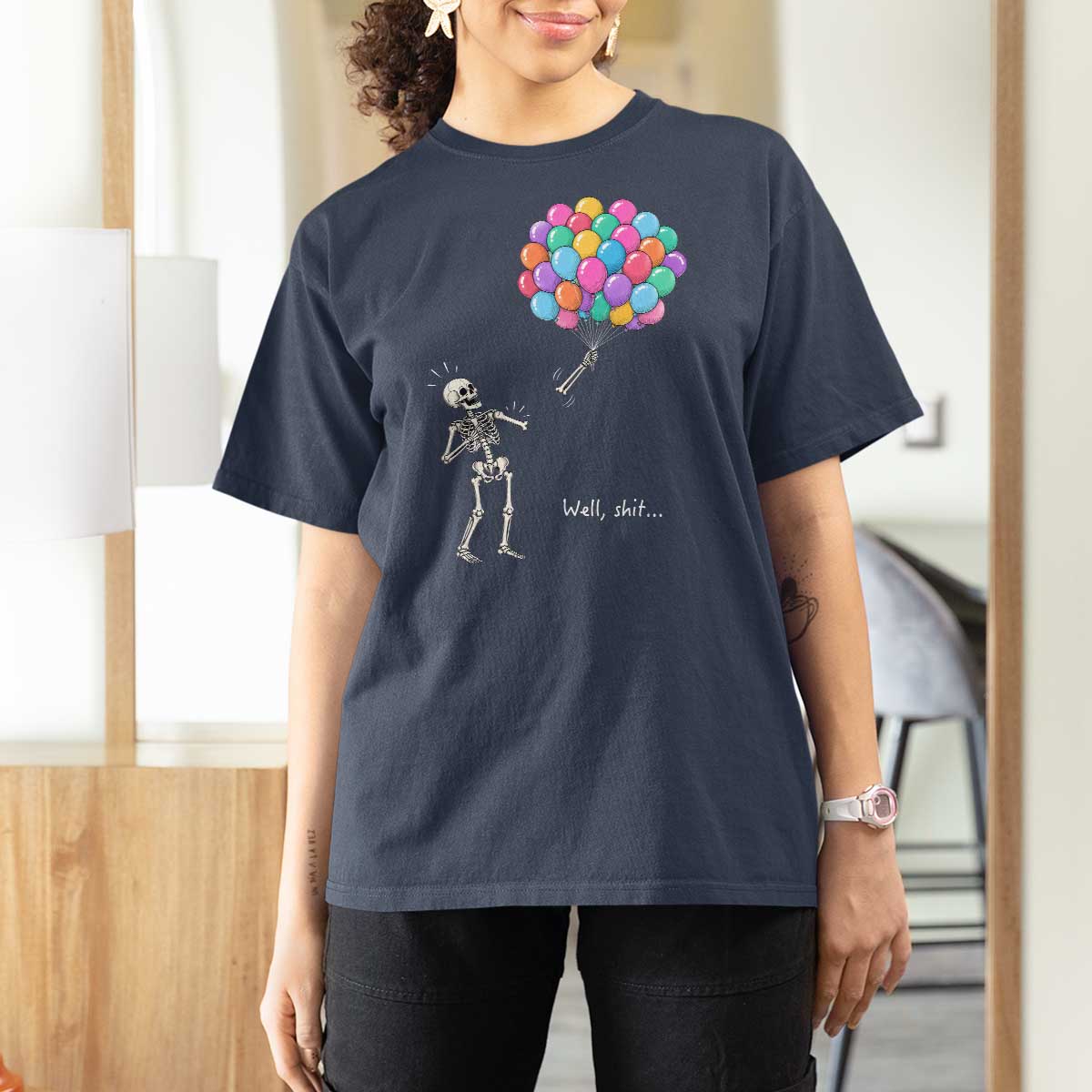 Well Shit Skeleton Detached Arm T Shirt For Women Gothic Halloween Flying Balloons Graphic