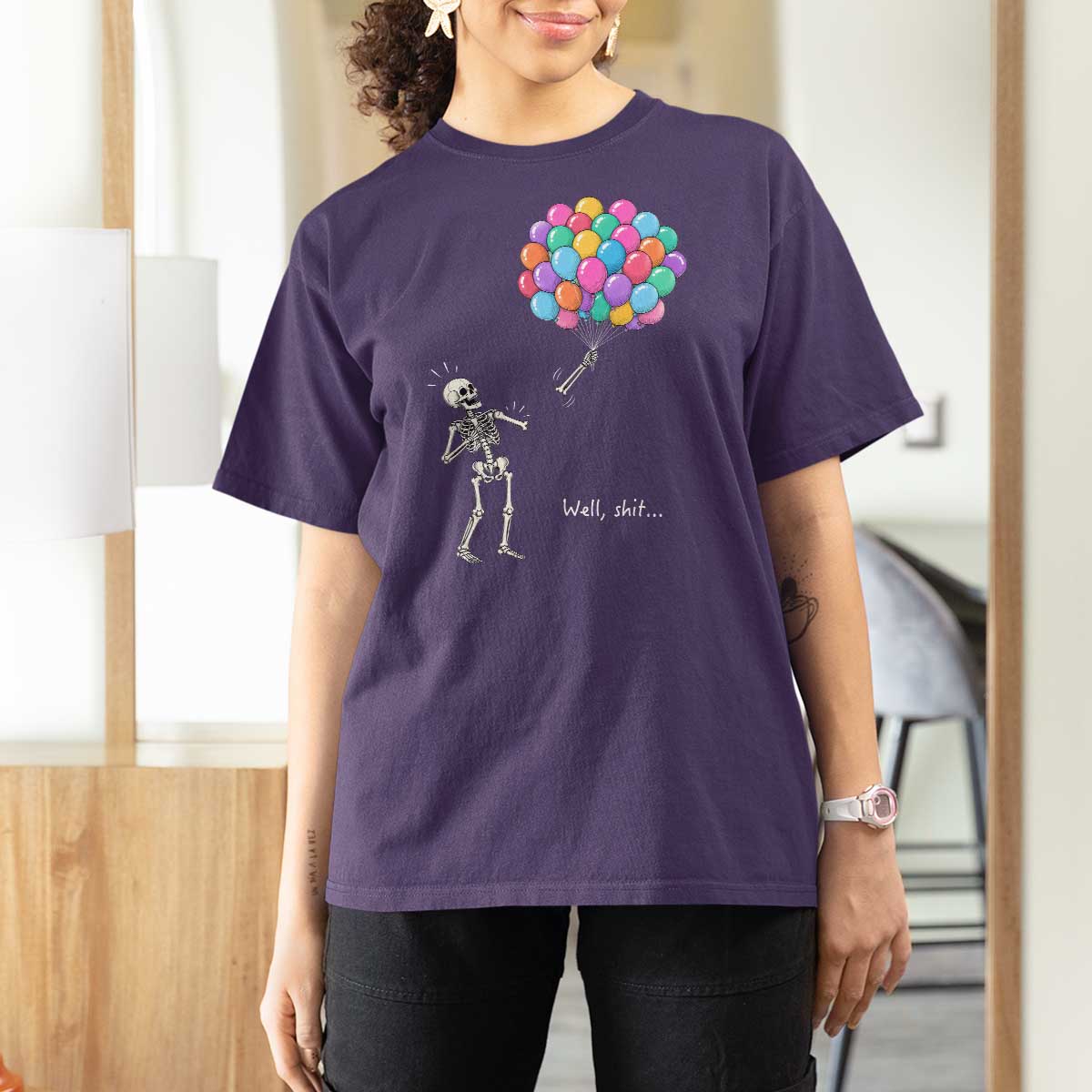 Well Shit Skeleton Detached Arm T Shirt For Women Gothic Halloween Flying Balloons Graphic