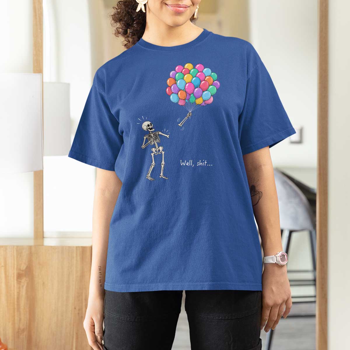 Well Shit Skeleton Detached Arm T Shirt For Women Gothic Halloween Flying Balloons Graphic