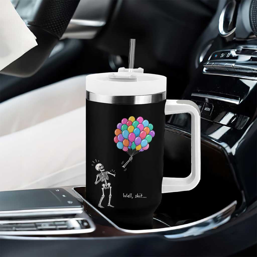 Well Shit Skeleton Detached Arm Tumbler With Handle Gothic Halloween Flying Balloons Graphic