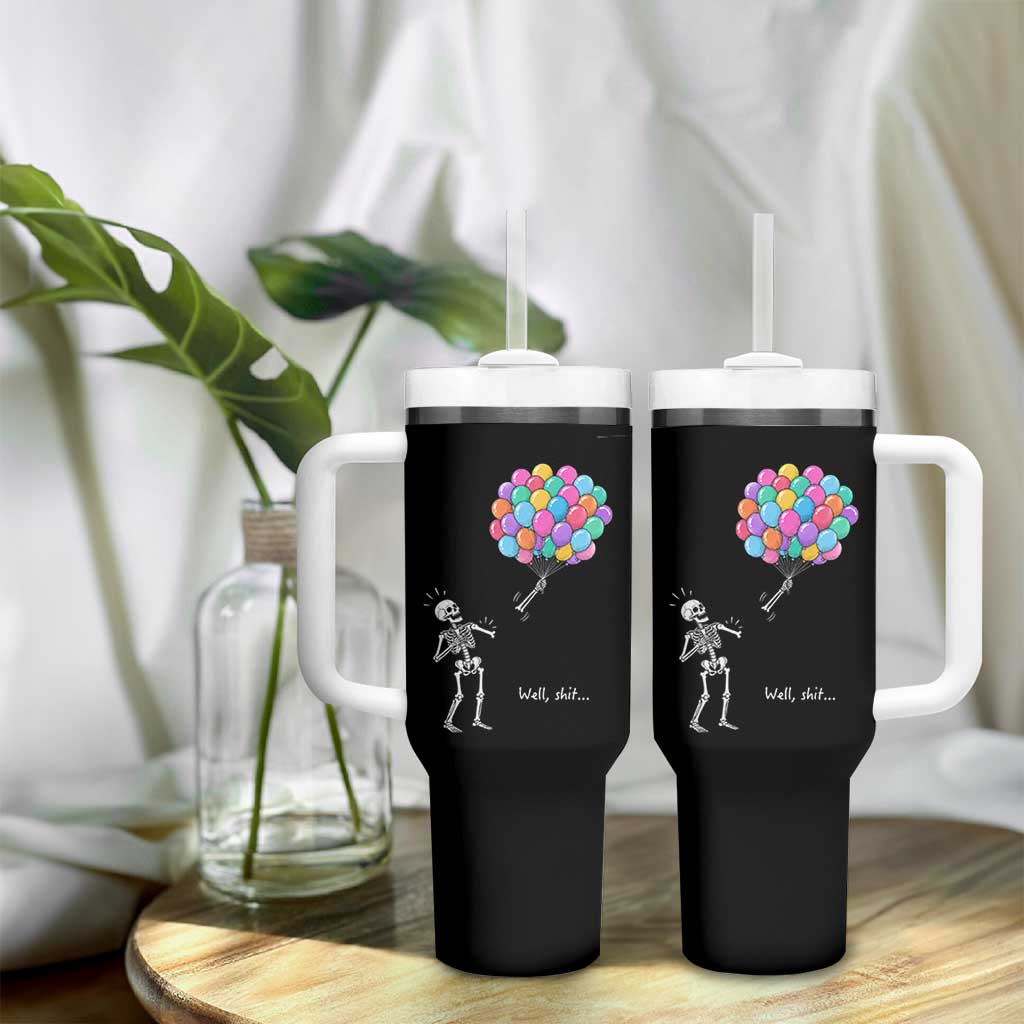Well Shit Skeleton Detached Arm Tumbler With Handle Gothic Halloween Flying Balloons Graphic