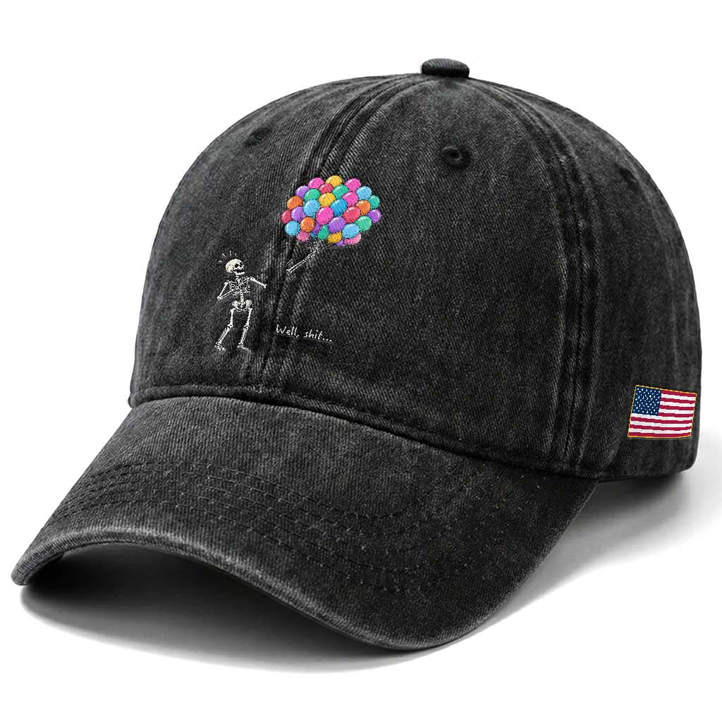 Well Shit Skeleton Detached Arm Washed Cotton Baseball Cap Gothic Halloween Flying Balloons Graphic