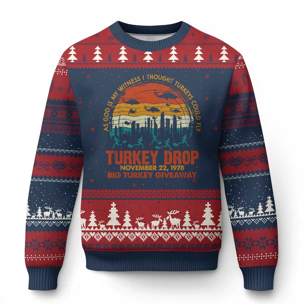 WKRP Turkey Drop Ugly Christmas Sweater Funny Thanksgiving Day First Annual WKRP - Wonder Print Shop