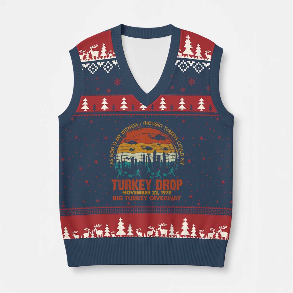 WKRP Turkey Drop V-Neck Knit Sweater Vest Funny Thanksgiving Day First Annual WKRP - Wonder Print Shop