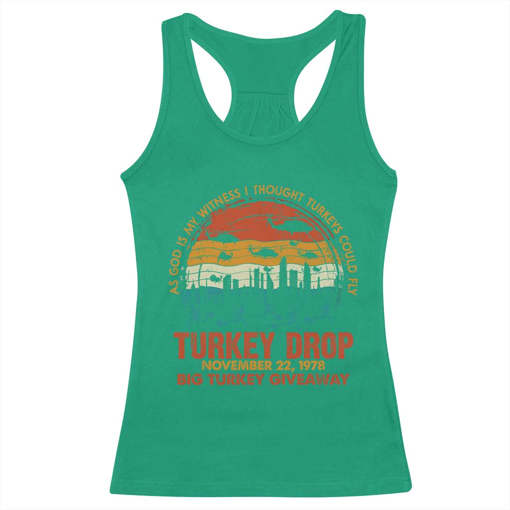 WKRP Turkey Drop Racerback Tank Top Funny Thanksgiving Day First Annual WKRP - Wonder Print Shop