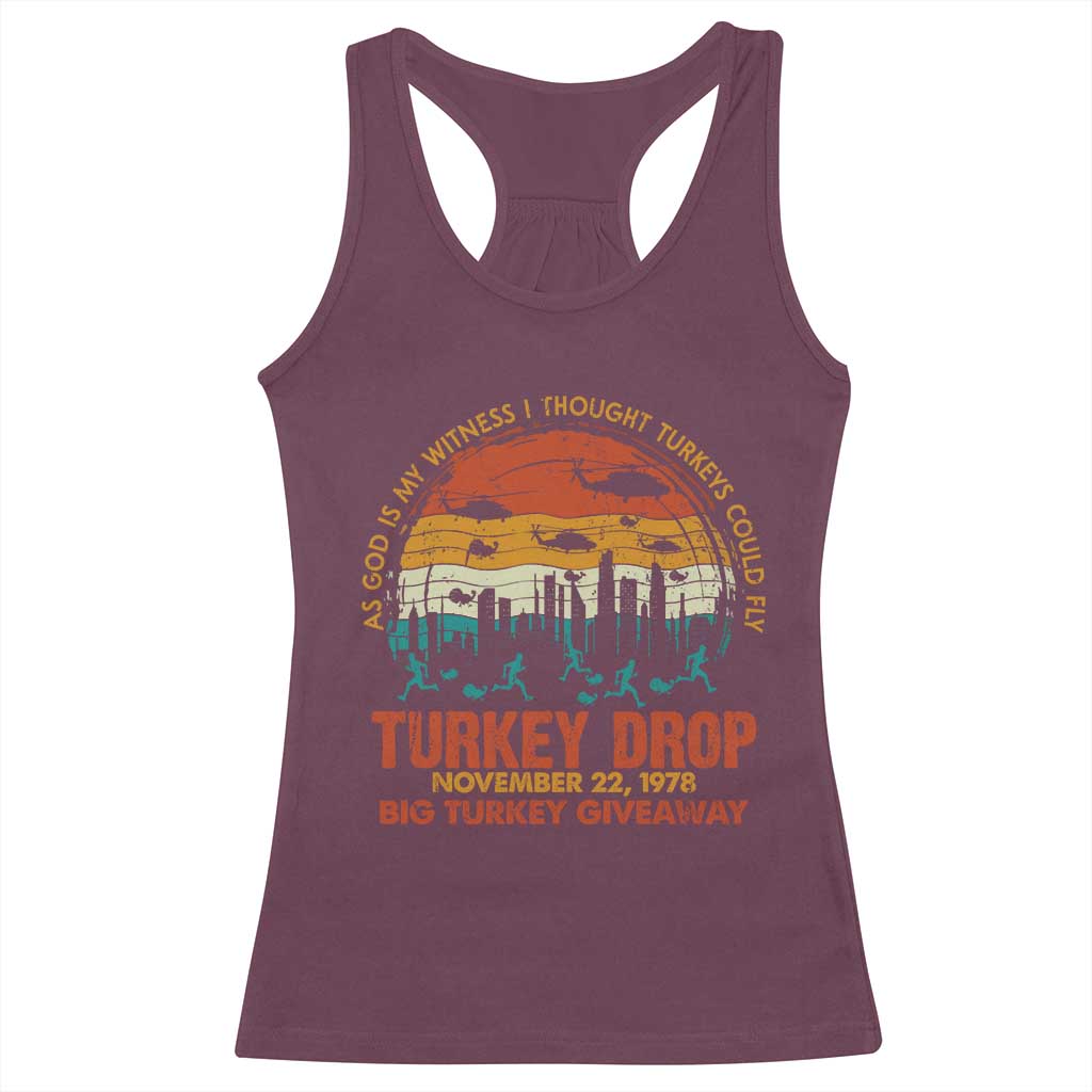 WKRP Turkey Drop Racerback Tank Top Funny Thanksgiving Day First Annual WKRP - Wonder Print Shop