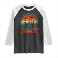WKRP Turkey Drop Raglan Shirt Funny Thanksgiving Day First Annual WKRP - Wonder Print Shop