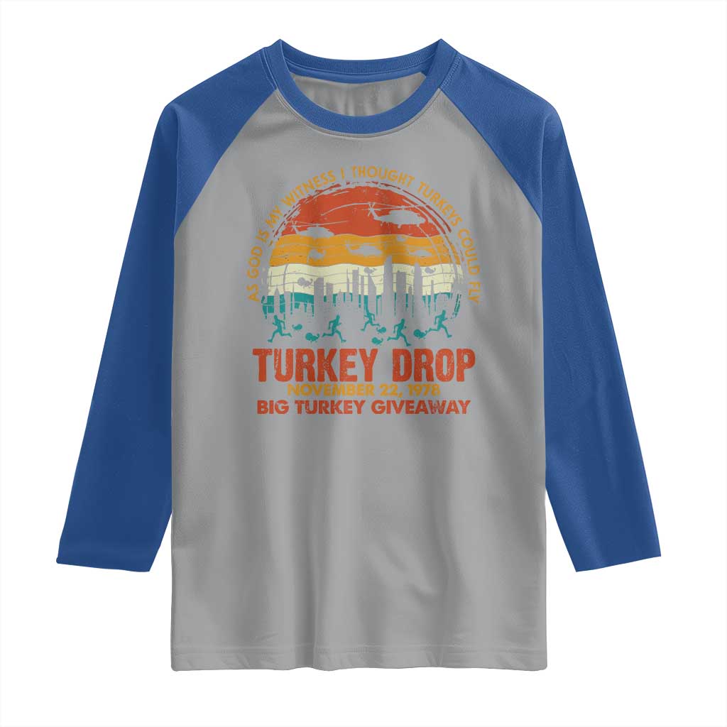 WKRP Turkey Drop Raglan Shirt Funny Thanksgiving Day First Annual WKRP - Wonder Print Shop