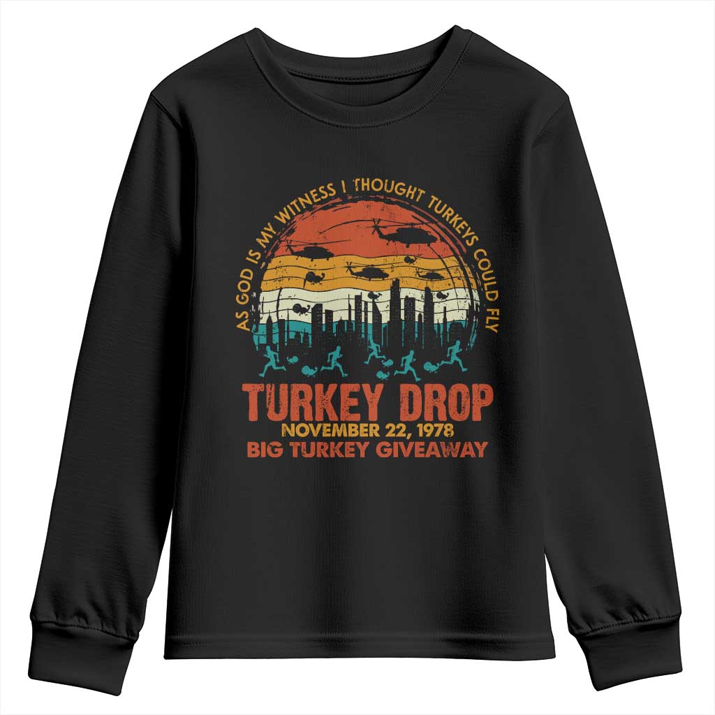 WKRP Turkey Drop Youth Sweatshirt Funny Thanksgiving Day First Annual WKRP - Wonder Print Shop