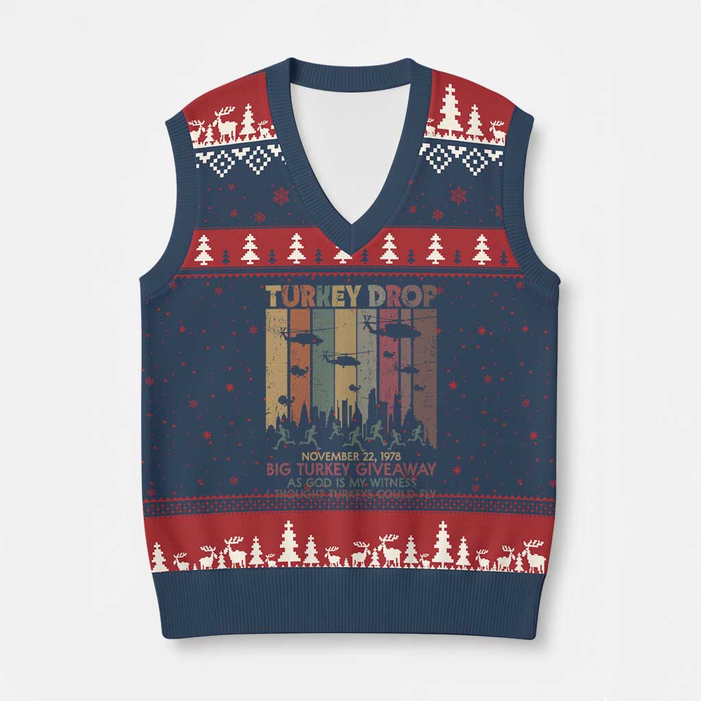 WKRP Turkey Drop V-Neck Knit Sweater Vest Retro First Annual WKRP Funny Thanksgiving Day - Wonder Print Shop