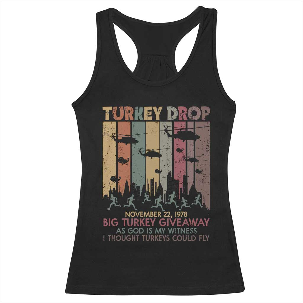 WKRP Turkey Drop Racerback Tank Top Retro First Annual WKRP Funny Thanksgiving Day - Wonder Print Shop