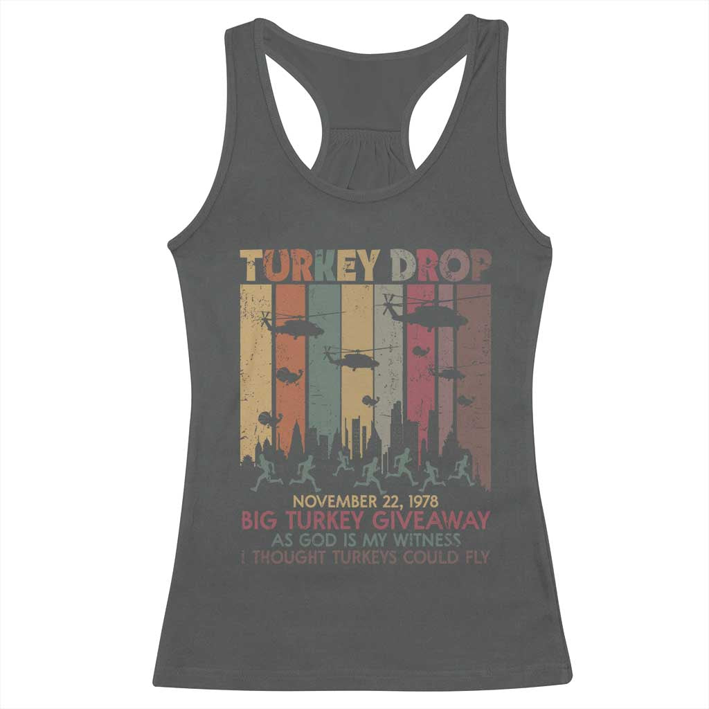 WKRP Turkey Drop Racerback Tank Top Retro First Annual WKRP Funny Thanksgiving Day - Wonder Print Shop