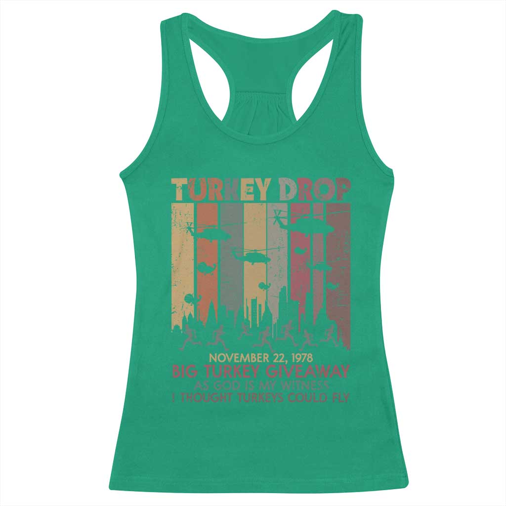 WKRP Turkey Drop Racerback Tank Top Retro First Annual WKRP Funny Thanksgiving Day - Wonder Print Shop