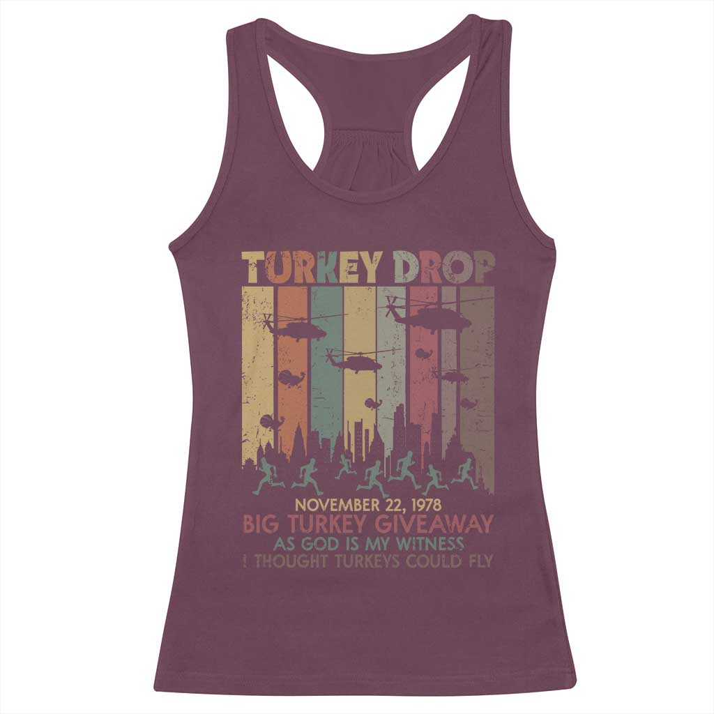 WKRP Turkey Drop Racerback Tank Top Retro First Annual WKRP Funny Thanksgiving Day - Wonder Print Shop