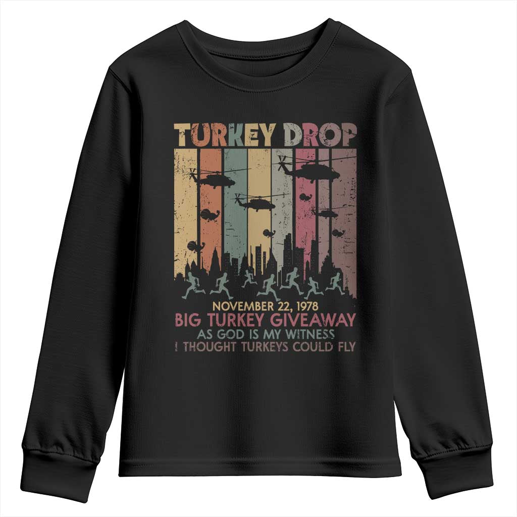 WKRP Turkey Drop Youth Sweatshirt Retro First Annual WKRP Funny Thanksgiving Day - Wonder Print Shop