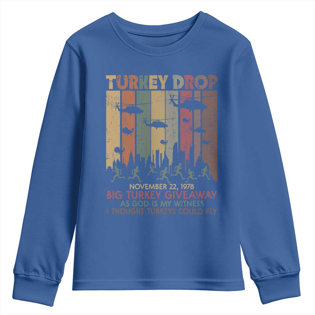 WKRP Turkey Drop Youth Sweatshirt Retro First Annual WKRP Funny Thanksgiving Day - Wonder Print Shop