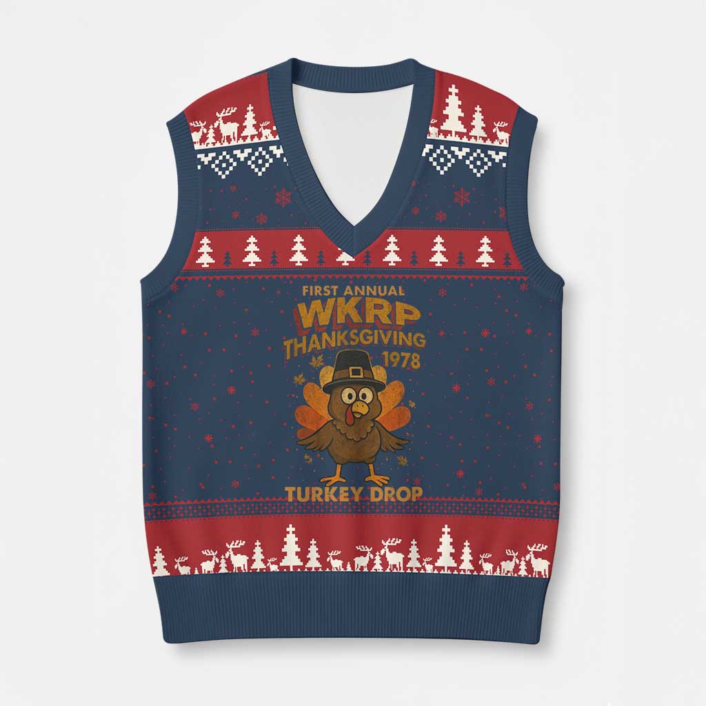 First Annual WKRP V-Neck Knit Sweater Vest Funny Thanksgiving Day WKRP Turkey Drop - Wonder Print Shop