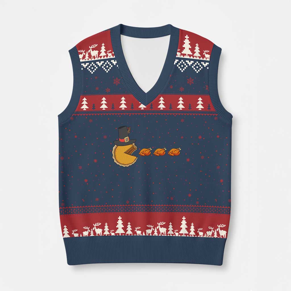 Thanksgiving Video Game V-Neck Knit Sweater Vest Pumpkin Pie Eating Turkey Gamer Patch Day - Wonder Print Shop