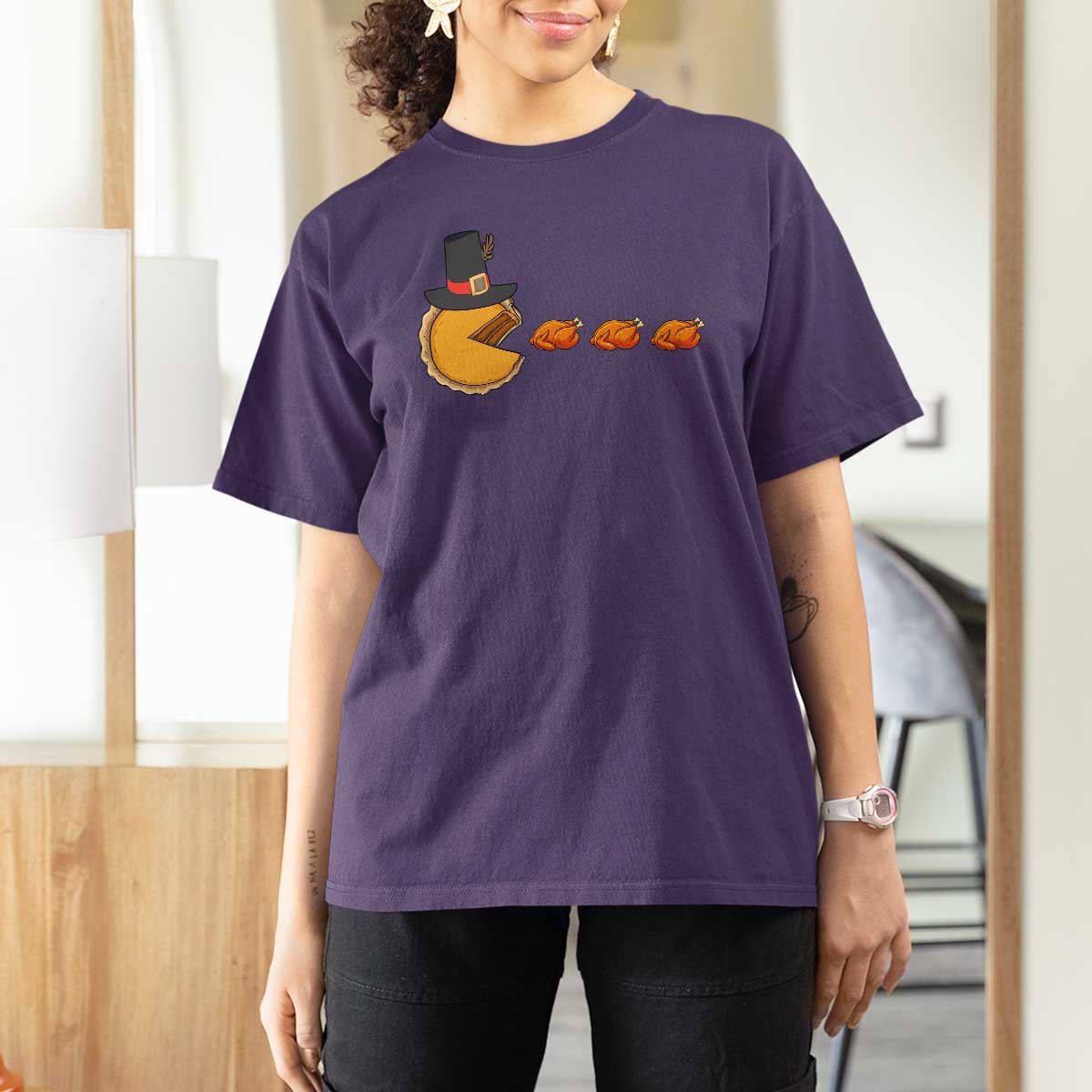 Thanksgiving Video Game T Shirt For Women Pumpkin Pie Eating Turkey Gamer Patch Day - Wonder Print Shop