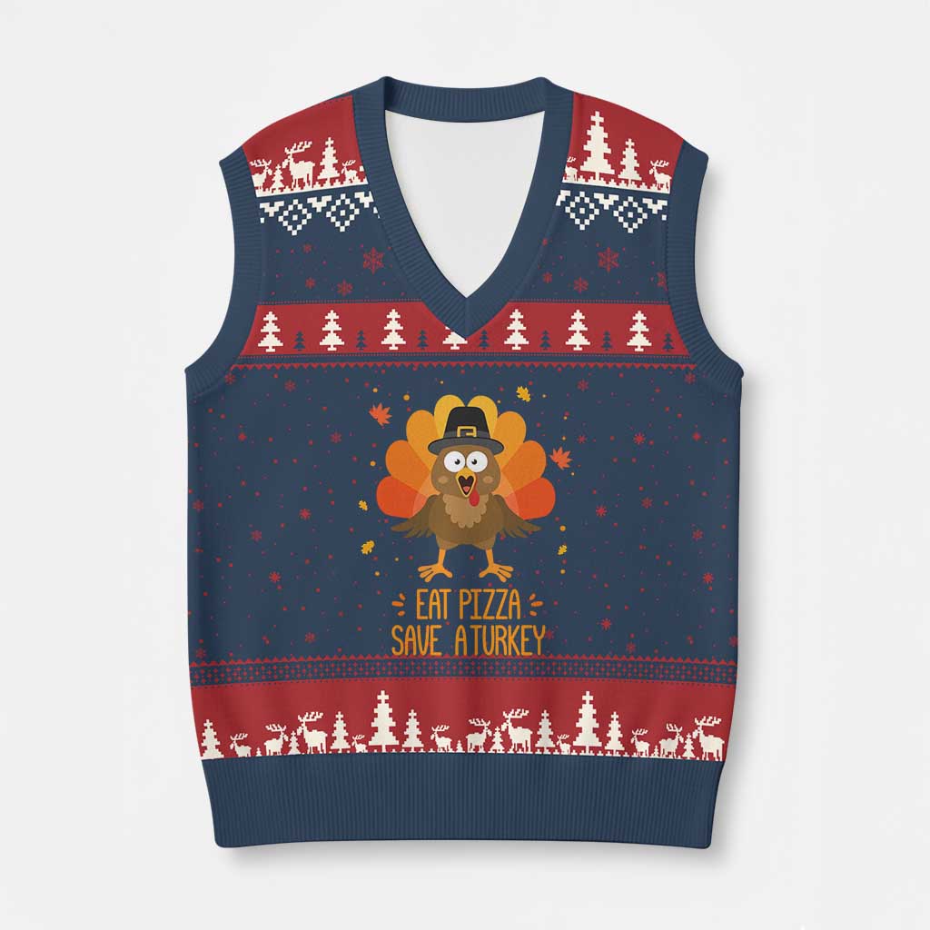Save A Turkey Eat Pizza V-Neck Knit Sweater Vest Funny Thanksgiving - Wonder Print Shop