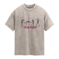 Dancing Skeletons Breast Cancer Washed Cotton T-Shirt Skeleton Pink Ribbon Halloween