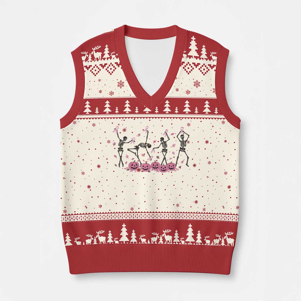 Dancing Skeletons Breast Cancer V-Neck Knit Sweater Vest Skeleton Pink Ribbon Halloween - Wonder Print Shop