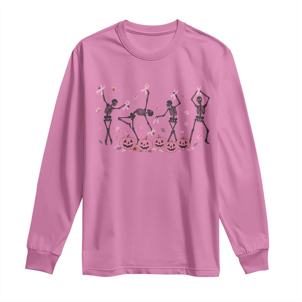 Dancing Skeletons Breast Cancer Long Sleeve Shirt Skeleton Pink Ribbon Halloween - Wonder Print Shop