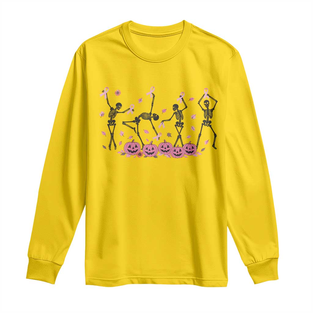 Dancing Skeletons Breast Cancer Long Sleeve Shirt Skeleton Pink Ribbon Halloween - Wonder Print Shop