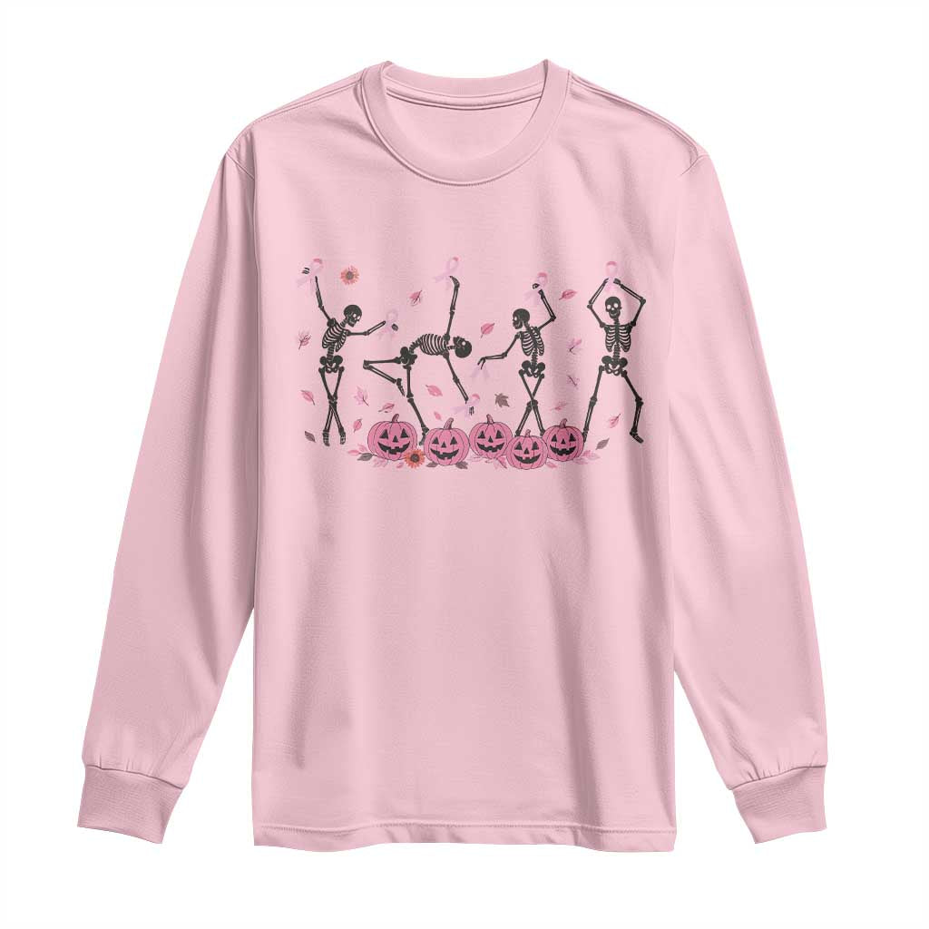 Dancing Skeletons Breast Cancer Long Sleeve Shirt Skeleton Pink Ribbon Halloween - Wonder Print Shop
