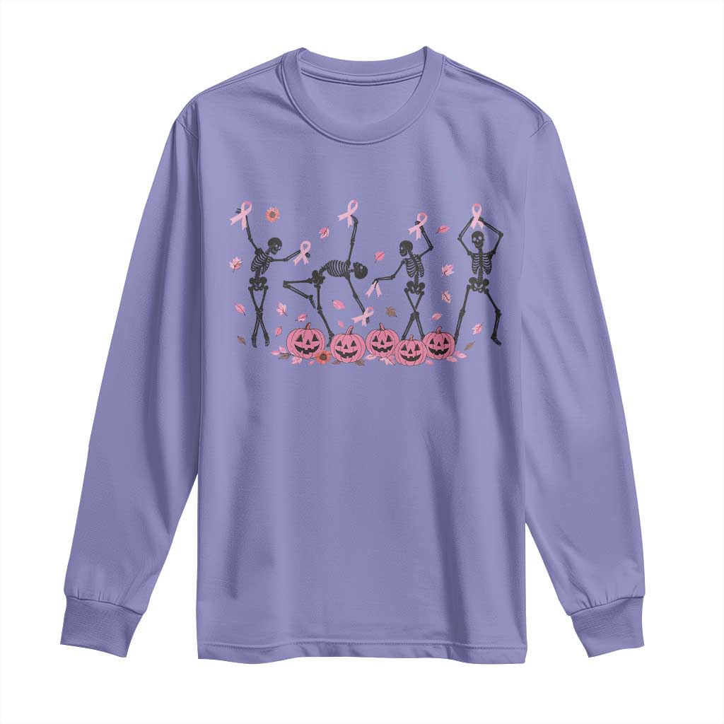 Dancing Skeletons Breast Cancer Long Sleeve Shirt Skeleton Pink Ribbon Halloween - Wonder Print Shop