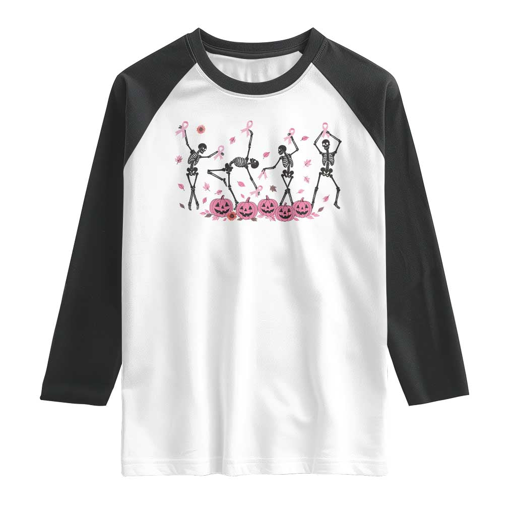 Dancing Skeletons Breast Cancer Raglan Shirt Skeleton Pink Ribbon Halloween - Wonder Print Shop