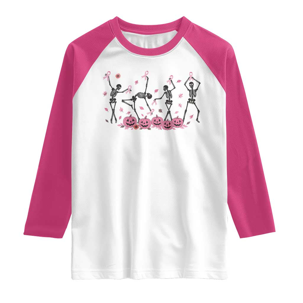 Dancing Skeletons Breast Cancer Raglan Shirt Skeleton Pink Ribbon Halloween - Wonder Print Shop