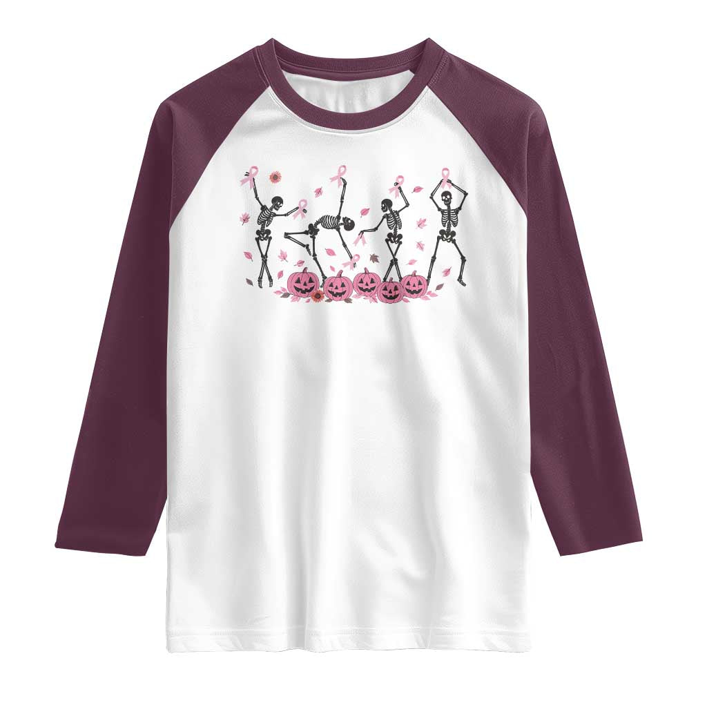 Dancing Skeletons Breast Cancer Raglan Shirt Skeleton Pink Ribbon Halloween - Wonder Print Shop