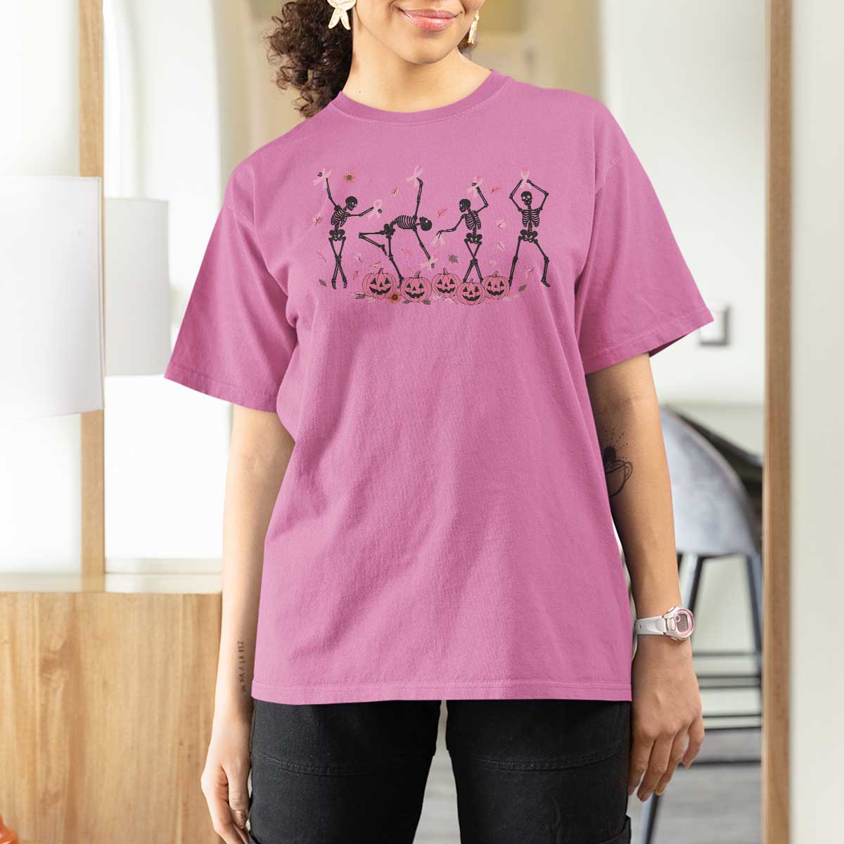Dancing Skeletons Breast Cancer T Shirt For Women Skeleton Pink Ribbon Halloween - Wonder Print Shop