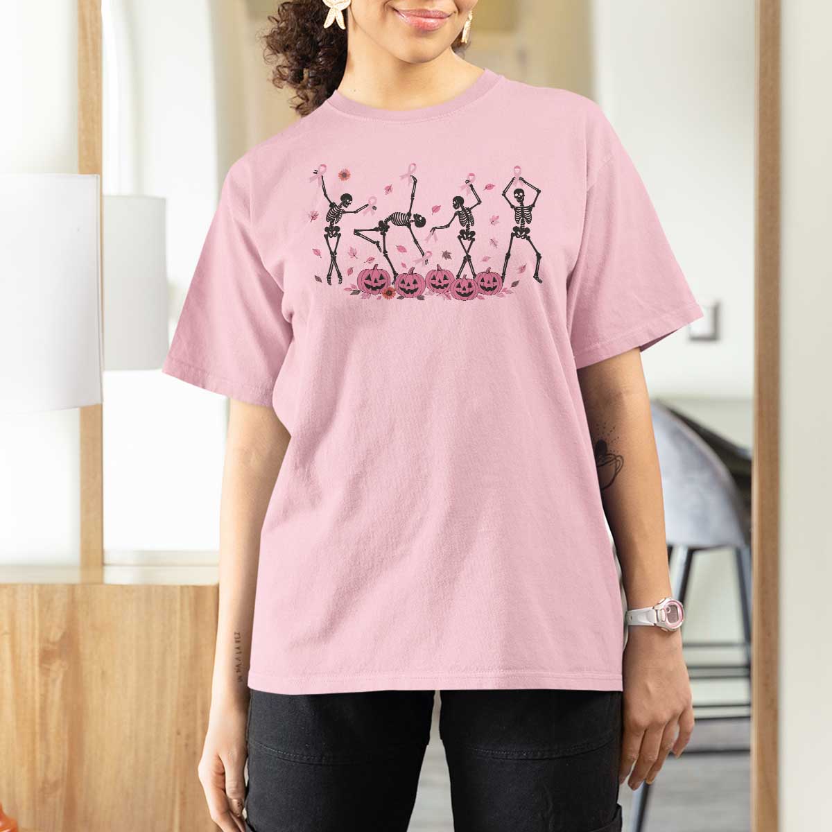 Dancing Skeletons Breast Cancer T Shirt For Women Skeleton Pink Ribbon Halloween - Wonder Print Shop