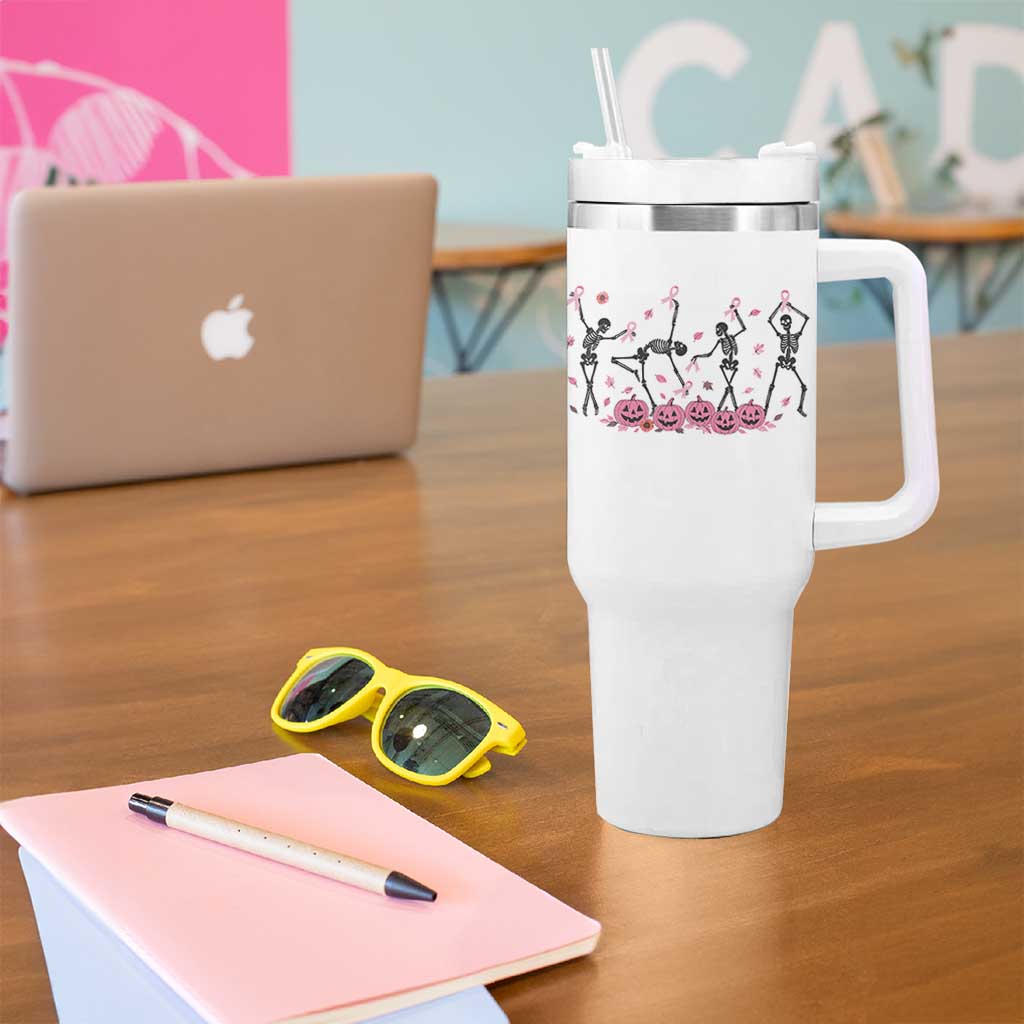 Dancing Skeletons Breast Cancer Tumbler With Handle Skeleton Pink Ribbon Halloween - Wonder Print Shop