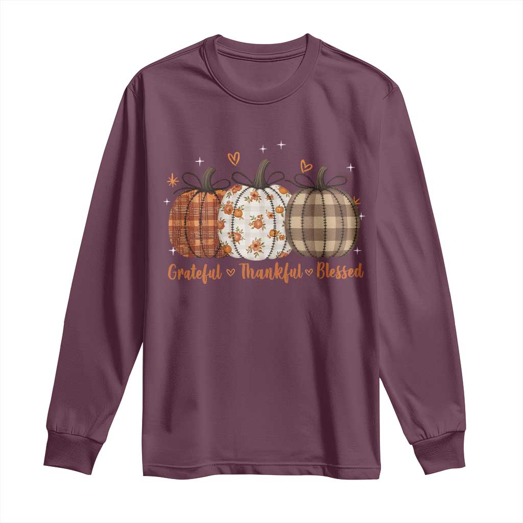 Grateful Thankful Blessed Pumpkin Long Sleeve Shirt Hello Thanksgiving Cozy Fall Autumn Rustic - Wonder Print Shop