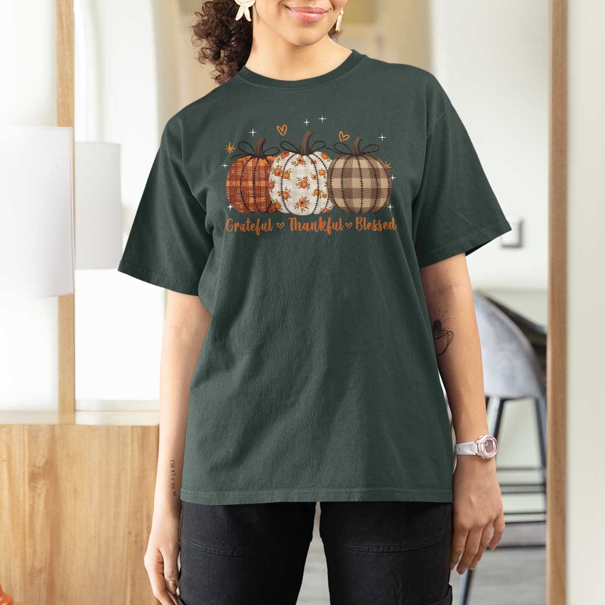 Grateful Thankful Blessed Pumpkin T Shirt For Women Hello Thanksgiving Cozy Fall Autumn Rustic - Wonder Print Shop