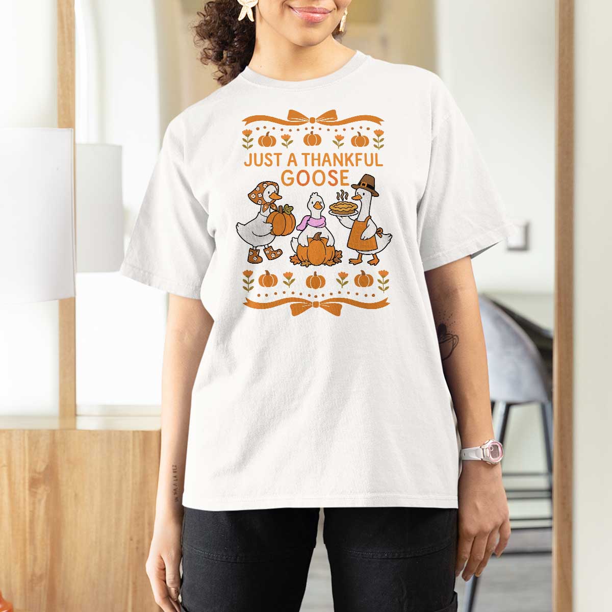 Just a Thankful Goose T Shirt For Women Thanksgiving Silly Gooses - Wonder Print Shop