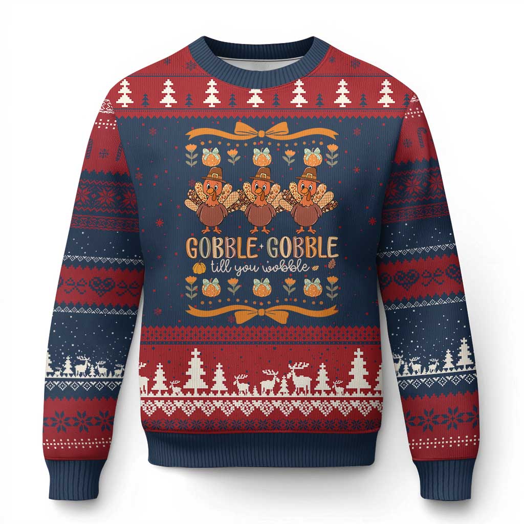 Gobble Gobble Till You Wobble Ugly Christmas Sweater Funny Thanksgiving Turkey - Wonder Print Shop