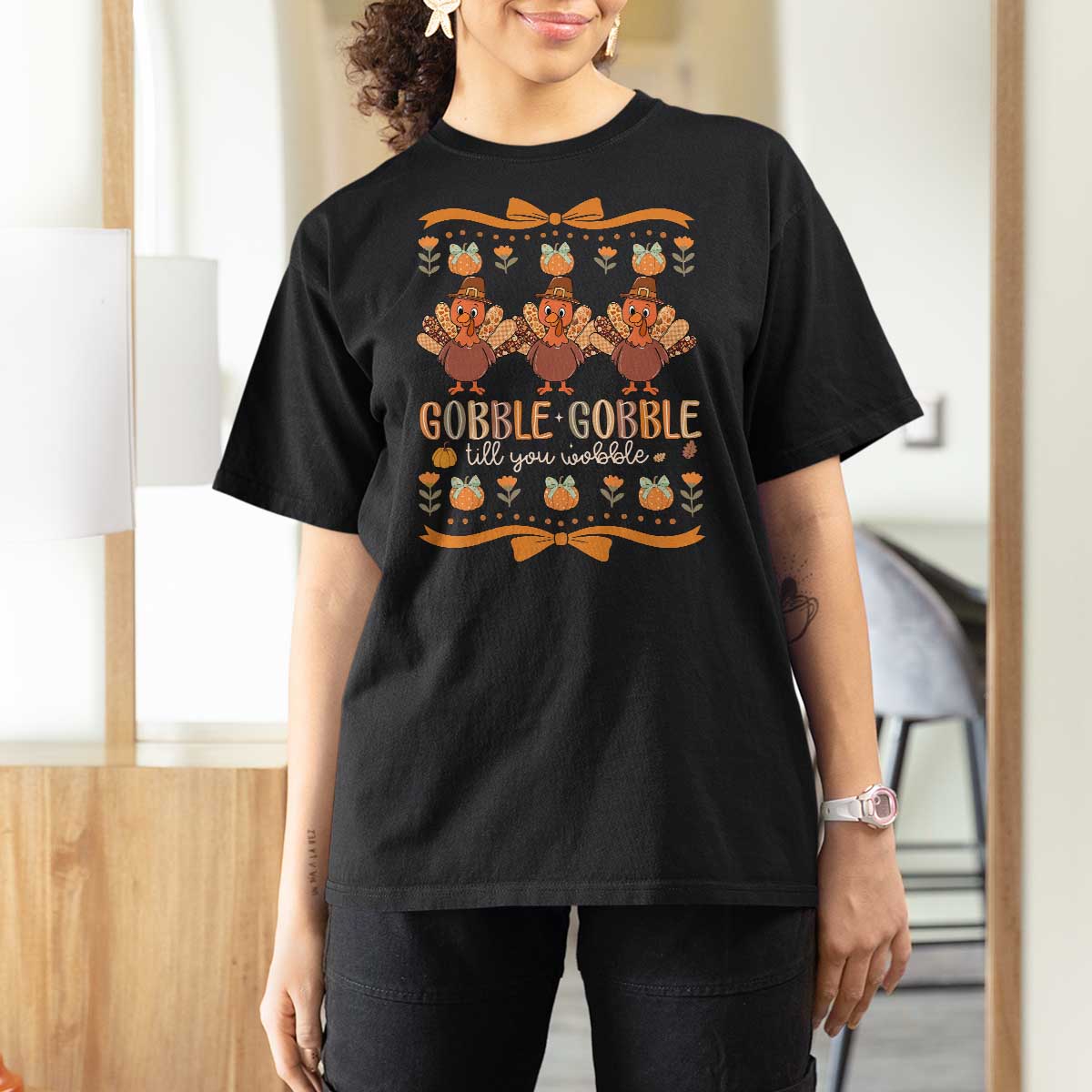 Gobble Gobble Till You Wobble T Shirt For Women Funny Thanksgiving Turkey - Wonder Print Shop