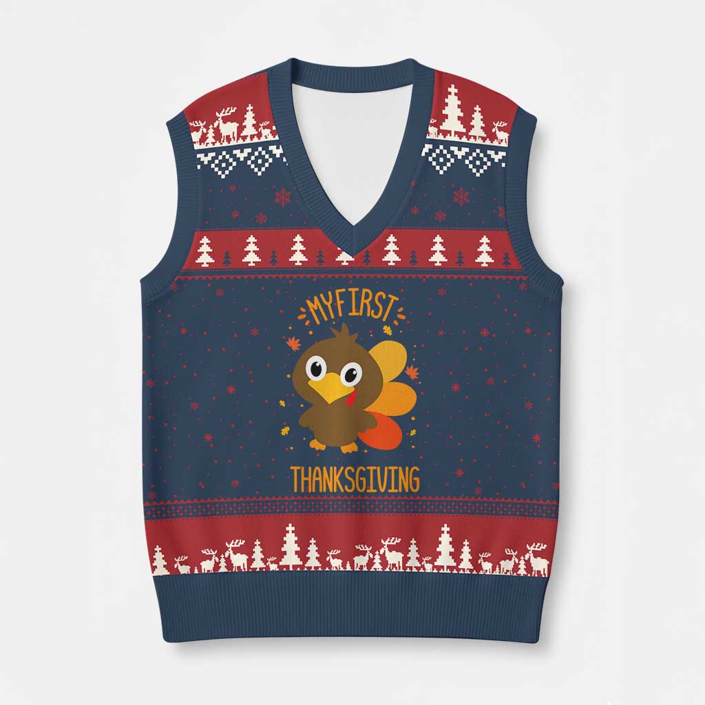 My First Thanksgiving V-Neck Knit Sweater Vest Funny Thanksgiving Turkey - Wonder Print Shop