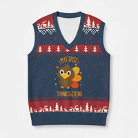 My First Thanksgiving V-Neck Knit Sweater Vest Funny Thanksgiving Turkey - Wonder Print Shop
